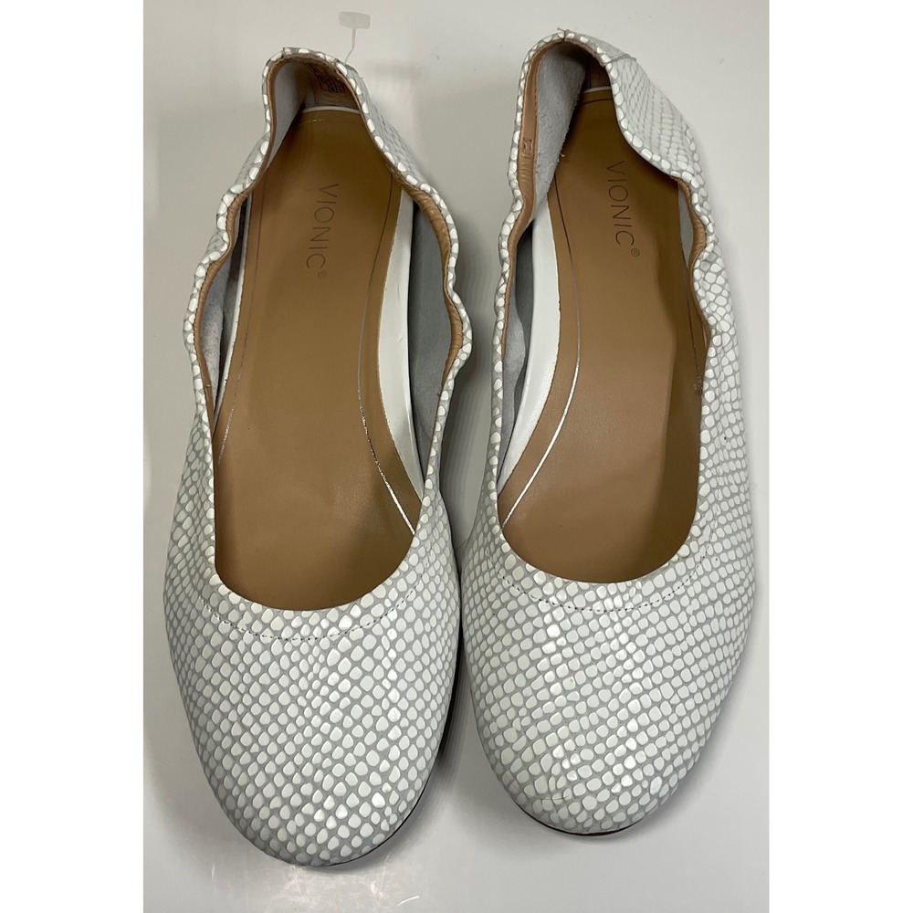 Vionic Alexa Lizard Ballet Flats White Leather Snake Print  Shoes Womens 10